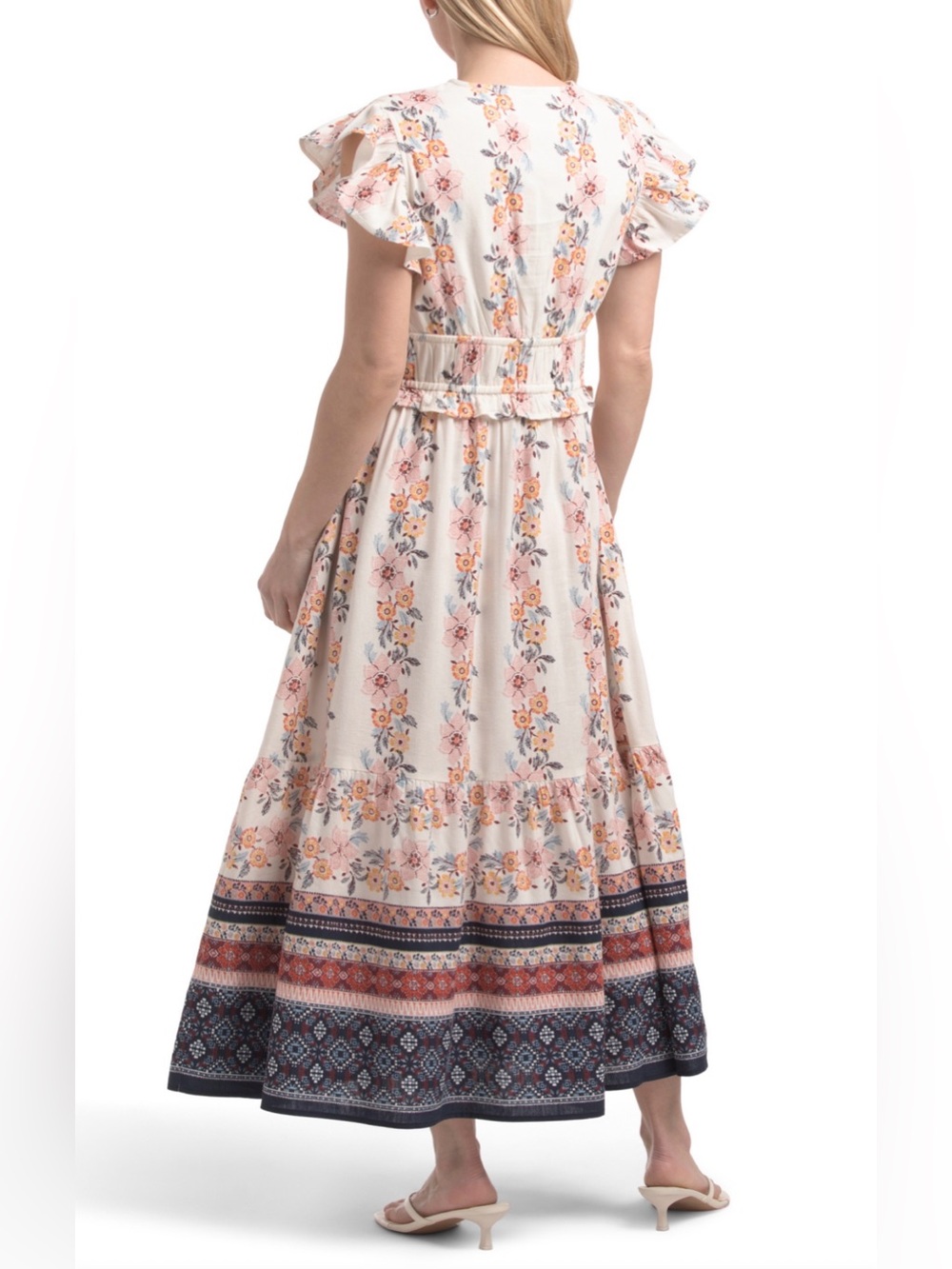 LEAVE BOHO FLORAL FLUTTER SLEEVE IN WHITE AND NAVY BORDER SIZE M NWT - Picture 6 of 11